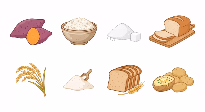 Yams and sweet potato, cooked rice and rice grains, sugar crystals, and bread with flour.