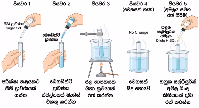 තනුක අම්ලය සමඟ රත් කිරීමෙන් පසු සුක්‍රෝස් සඳහා බෙනඩික්ට් පරීක්ෂාව